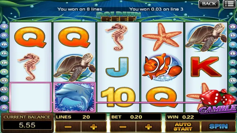Dolphin Reef reels after a win on 8 lines with a dolphin on reel two, a Gamble dice button in the corner and win 0.22