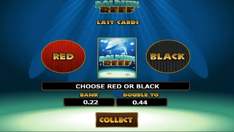 Dolphin Reef gamble screen with Red and Black buttons, a face-down Dolphin Reef card, bank 0.22, double to 0.44 and a Collect button