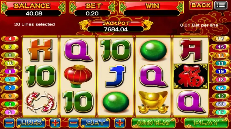 Dragon Gold slot on 918Kiss with a red lantern, green jade balls, a gold ingot, a pair of koi and a red Fu tile among gold-trimmed card letters