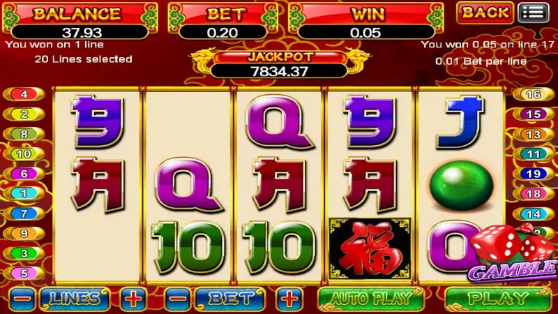 Dragon Gold reels after a small win, with Fu tile and gamble dice on reel five and the message 'You won 0.05 on line 17'