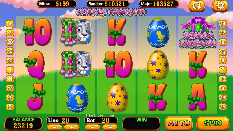 Easter Surprise slot on 918Kiss with pink and purple card letters tied with green bows, painted eggs, a rabbit symbol and a gift-box logo on a green meadow