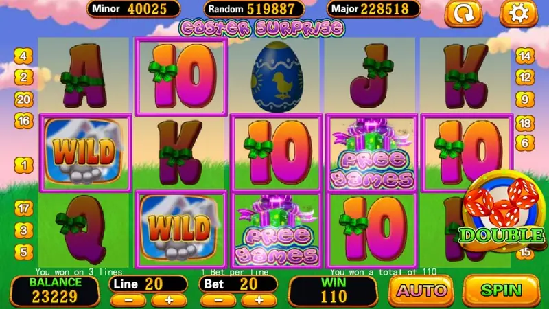 Easter Surprise reels with two WILD symbols and two Free Games gift boxes highlighted in purple, a DOUBLE dice button and win 110