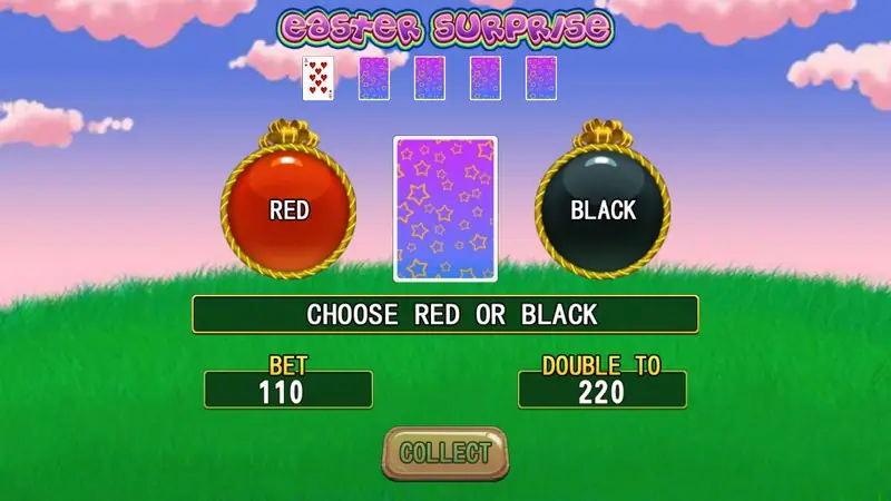 Easter Surprise double screen with Red and Black buttons, a face-down card, bet 110, double to 220 and a Collect button
