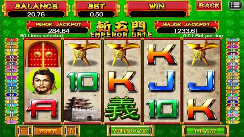 Emperor Gate slot on 918Kiss on a green background with a bearded general, red palace doors, a bronze wine vessel, a city gate tower and the character 義 among card letters