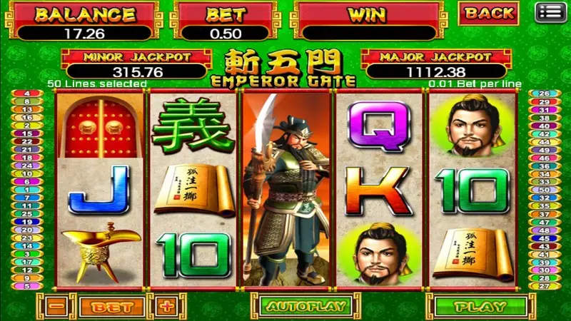 Emperor Gate reels with a tall armoured warrior holding a glaive stacked across the whole of reel three, a green 義 character and red palace doors