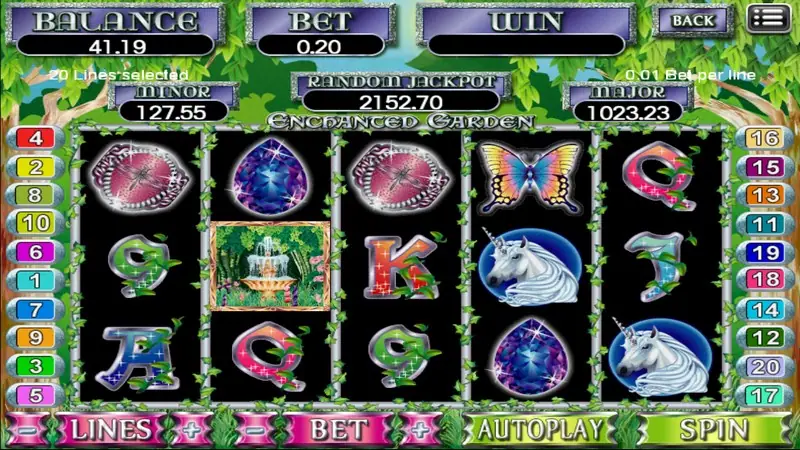 Enchanted Garden reels with a white unicorn on two reels, the garden fountain tile, a butterfly and jewel symbols, Random Jackpot 2152.70