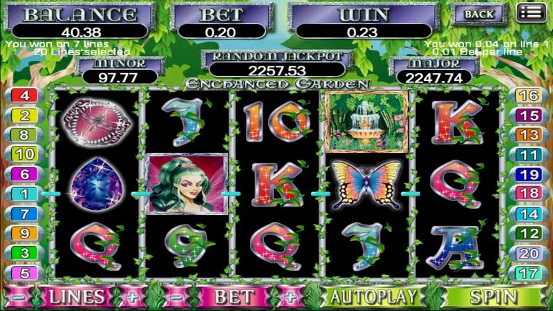 Enchanted Garden slot with a green-haired fairy portrait, a garden fountain tile, rainbow butterfly and jewel symbols on black reels, win 0.23 on 7 lines