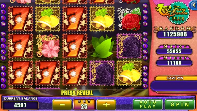 Fairy Garden Plus reels on 918Kiss with a column of orange 7 tiles, yellow bells, a pink lily and purple roses, Random jackpot 1125908 on the right