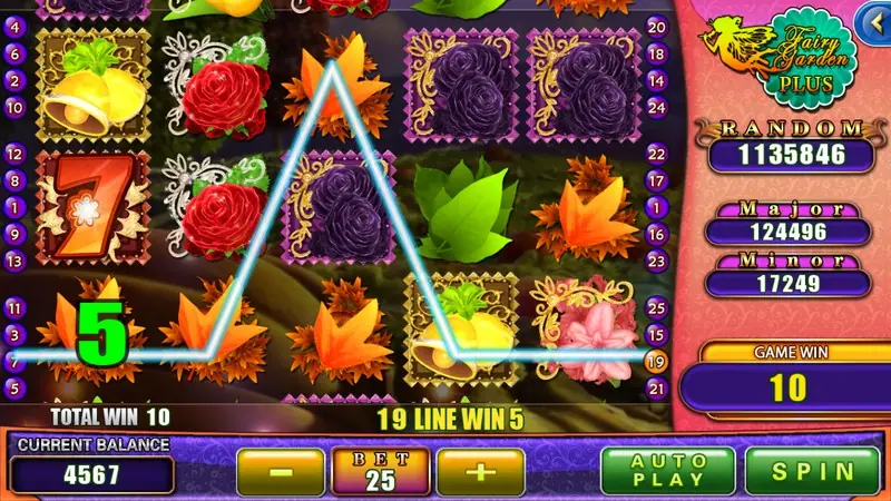 Fairy Garden Plus showing a zigzag payline 19 win of 5 with orange maple leaves and roses on the reels