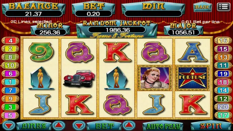 Fame and Fortune slot with red curtains, a gold statuette, a red vintage car, a blonde starlet and a Fortune star tile on five reels, Random Jackpot 1986.36