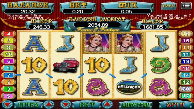 Fame and Fortune after a small win on line 7, with two starlet portraits on the top row, a red roadster and the Hollywood sign symbol
