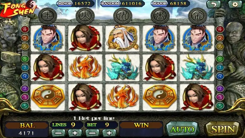 Feng Shen slot on 918Kiss with character portraits, phoenixes and yin-yang coins on five reels, five stone medallions above, MINOR 16572 RANDOM 611016 MAJOR 68158
