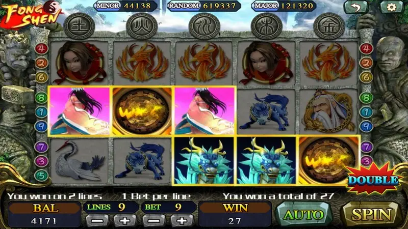Feng Shen win on two lines: two bronze WILD medallions, pink-framed sage portraits and two teal horned beasts lit up, total 27 with a DOUBLE badge