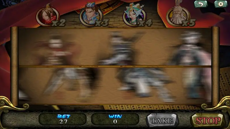 Feng Shen gamble screen with four portraits marked x2, x3, x4 and x5 above a scroll of blurred spinning warriors, BET 27, WIN 0, TAKE and STOP buttons