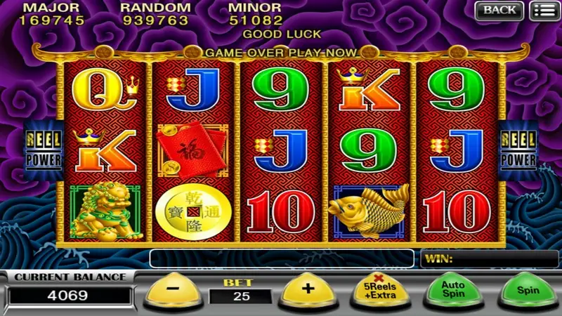 Five Dragon slot on 918Kiss with red reels under a gold temple roof, jade lion, gold coin and koi symbols, Reel Power badges on both sides, bet 25