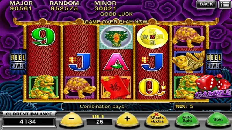 Five Dragon after a small win: Combination pays message, WIN 5 and a red dice GAMBLE button bottom right