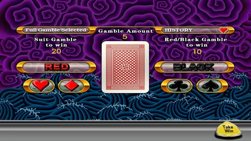 Five Dragon gamble screen with Full Gamble Selected, Gamble Amount 5, Suit Gamble to win 20, Red/Black Gamble to win 10, a face-down card and a Take Win button