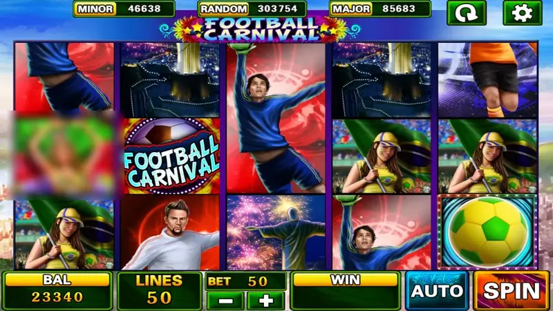 Football Carnival reels on 918Kiss with a diving goalkeeper, a fan in a yellow cap, the Football Carnival logo tile and a yellow-green ball, LINES 50, BET 50