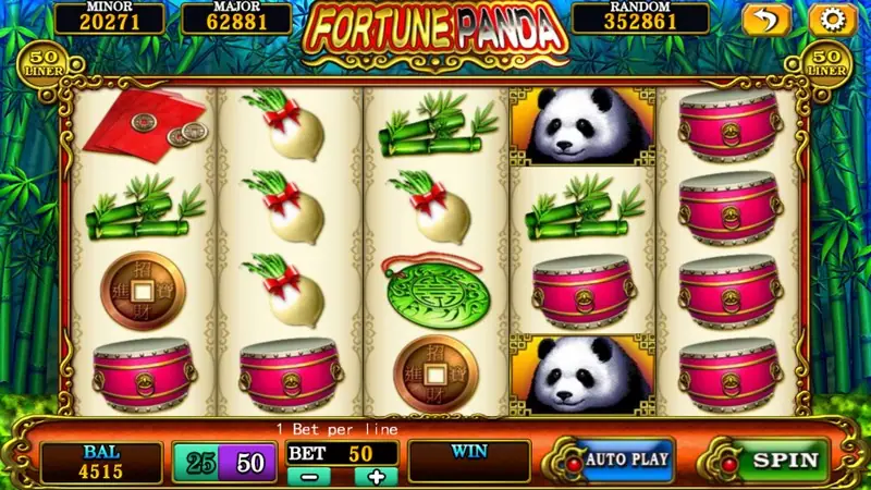 Fortune Panda reels in a bamboo frame with two pandas, red drums, white radishes and bamboo shoots, jackpot boxes MINOR 20271, MAJOR 62881, RANDOM 352861