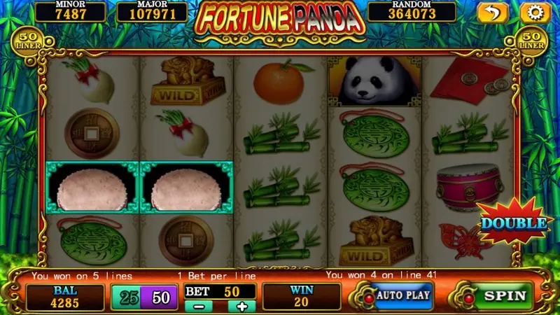 Fortune Panda win on 5 lines with two WILD tiles on reels 2 and 5, an orange and a panda on the top row, WIN 20 and a DOUBLE badge
