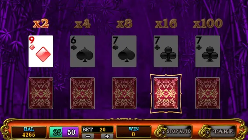 Fortune Panda double screen on a purple bamboo background: a nine of diamonds revealed under x2, grey sixes and sevens above, five red card backs below, STOP AUTO and TAKE buttons