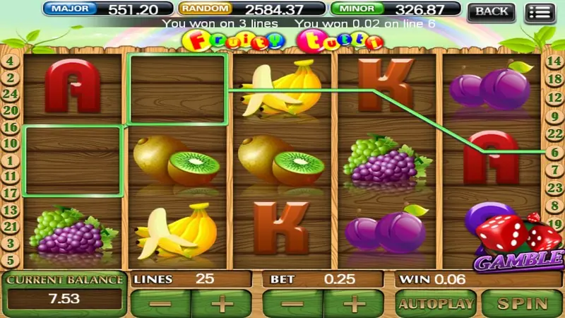 Tutti Frutti with bet dropped to 0.25, green boxes around winning plums and grapes, message saying won on 3 lines, and a red dice Gamble button