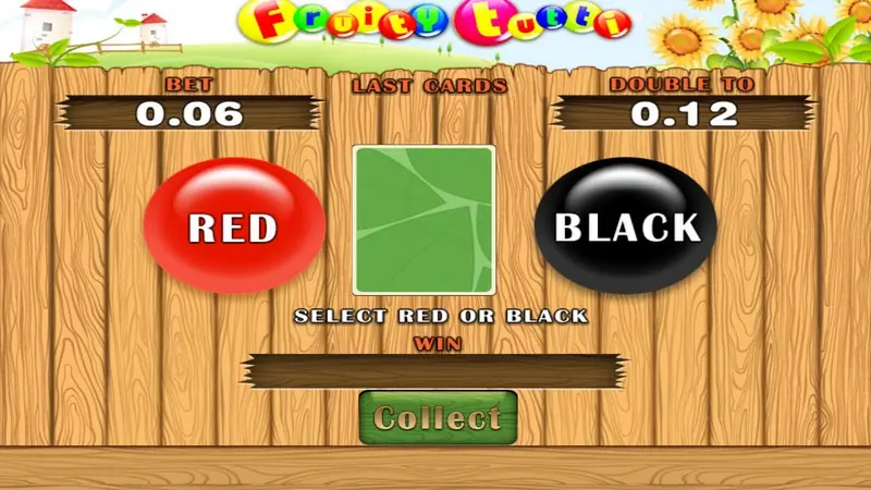 Tutti Frutti double screen on a wooden fence: BET 0.06, DOUBLE TO 0.12, a face-down green card under LAST CARDS, red RED and black BLACK buttons, Collect