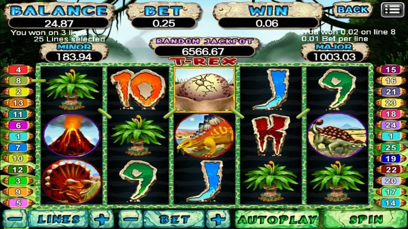 T-Rex slot on 918Kiss with a cracked dinosaur egg, a volcano, a stegosaurus and ferns on the reels, won on 3 lines, Random Jackpot 6566.67