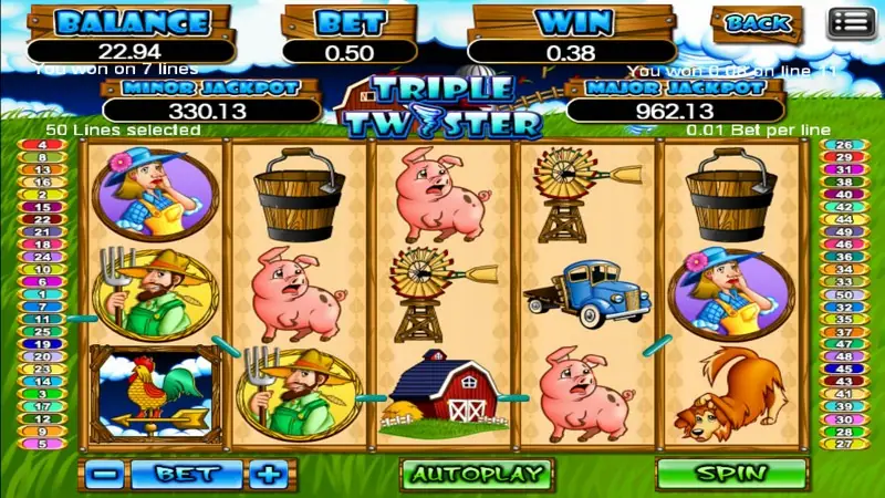 Triple Twister win on 7 lines with the farmer's wife, a blue pickup truck, pigs and a windmill, win 0.38