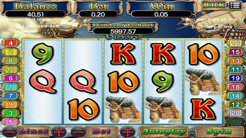 Victory reels after a small win, with two cannons on the bottom row and letters in orange and pink, win 0.05