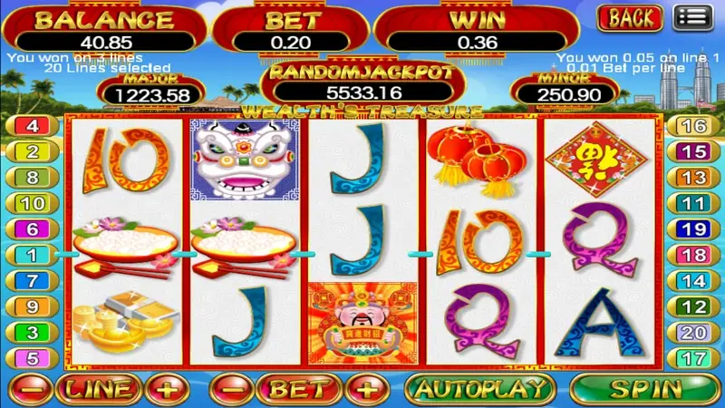 Wealth's Treasure reels with a lion dance head top centre, a bowl with chopsticks, gold ingots and a 福 tile after a small win