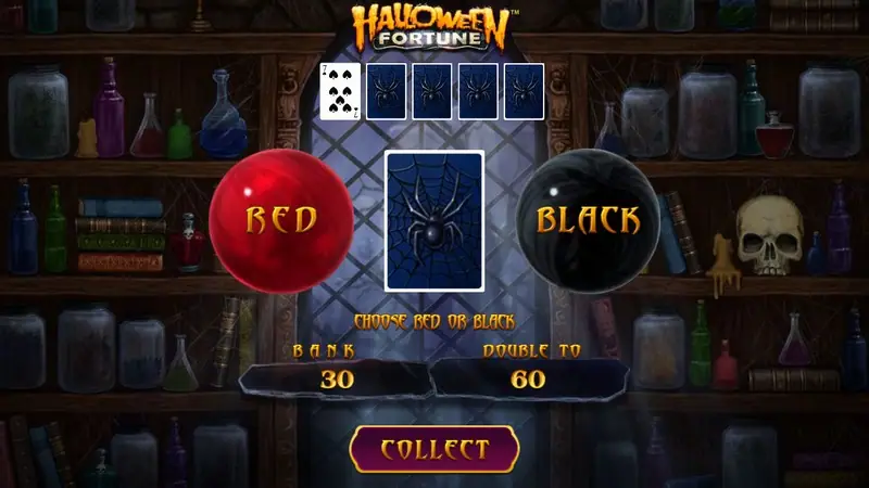 Halloween Fortune double screen: a red orb labelled RED, a black orb labelled BLACK, a spider card back in the middle, previous cards at the top, BANK 30, DOUBLE TO 60 and a COLLECT button