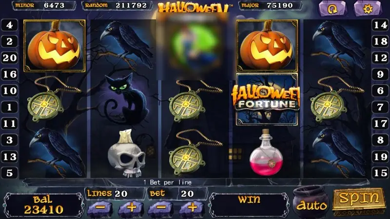 Halloween Fortune slot with jack-o'-lanterns, black cats, ravens, potion bottles, gold amulets and a skull candle on five reels, Lines 20, Bet 20