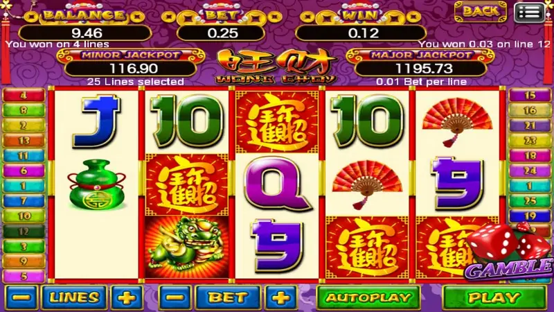 Wong Choy win on 4 lines with three red 招财进宝 tiles, a golden dragon and a money bag, win 0.12 and a red dice Gamble button