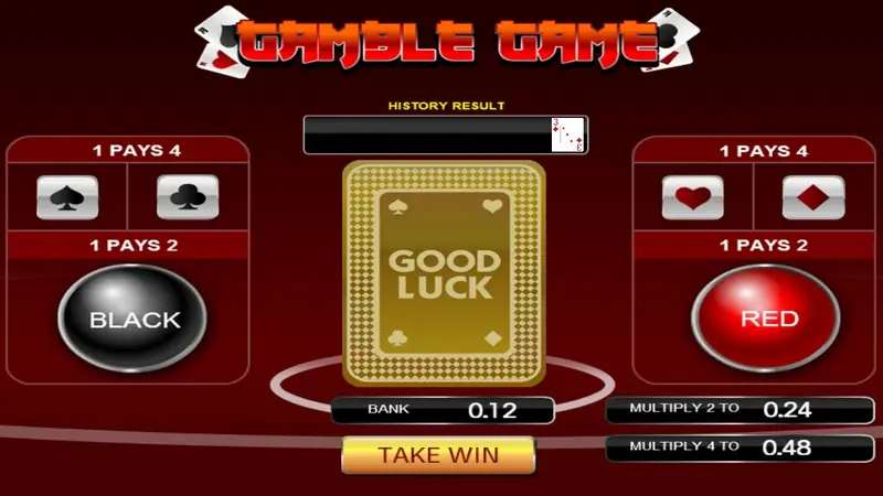 Wong Choy Gamble Game screen: BLACK and RED buttons that pay 2, four suit buttons that pay 4, a gold GOOD LUCK card, BANK 0.12, MULTIPLY 2 TO 0.24, MULTIPLY 4 TO 0.48, TAKE WIN