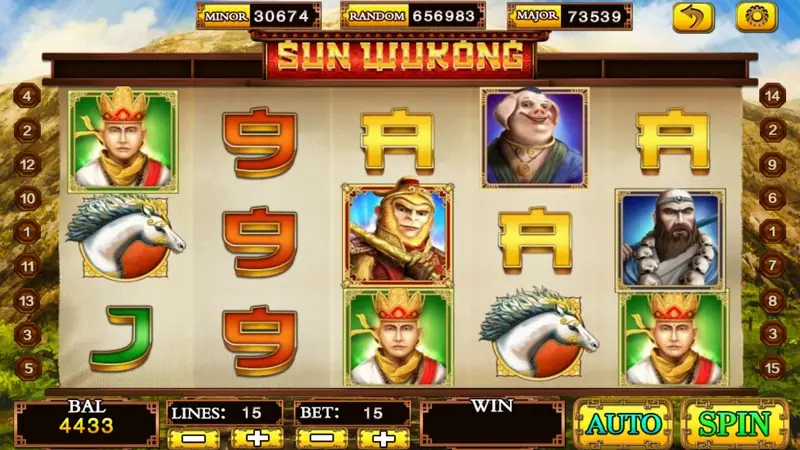 Sun Wukong slot on 918Kiss with the Monkey King holding a gold staff, the monk in a crown, a pig in a blue robe, a bearded monk and a white horse, LINES 15, BET 15