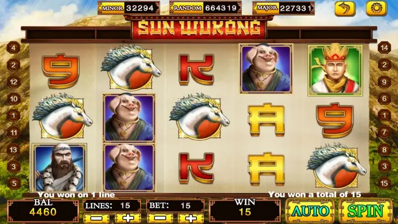 Sun Wukong win on 1 line with the white horse and the pig symbols on the reels, total 15, BAL 4460