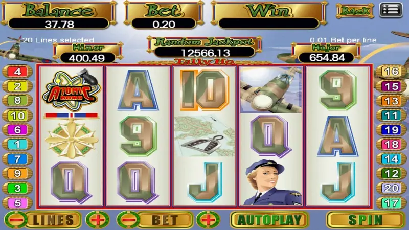 Tally Ho reels with the woman pilot on reel 5, the gold medal on reel 1, a plane top right and camouflage letters, Random Jackpot 12566.13