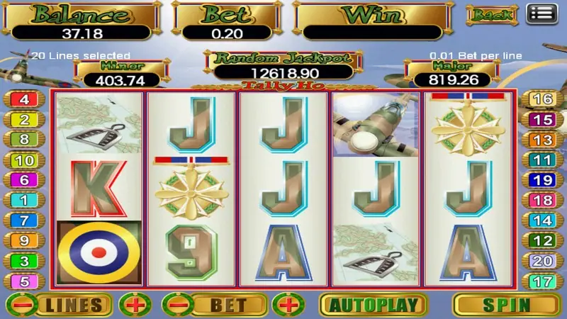 Tally Ho slot with a fighter plane, a gold medal on a red white and blue ribbon, a dog tag on a map and a red white and blue roundel, Random Jackpot 12618.90