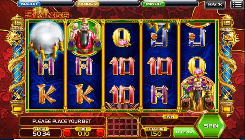 3 Kings base game with a white pearl on reel 1, three bearded gods scattered across the grid, BET 0.10 and TOTAL BET 1.50