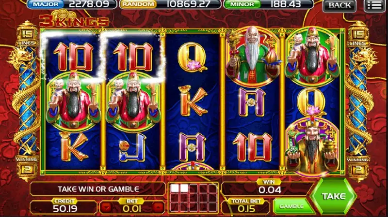 3 Kings on ACE333 with two winning 10s highlighted on reels 1 and 2, bearded gods on the reels, 15 LINES pillars at the sides and the message TAKE WIN OR GAMBLE