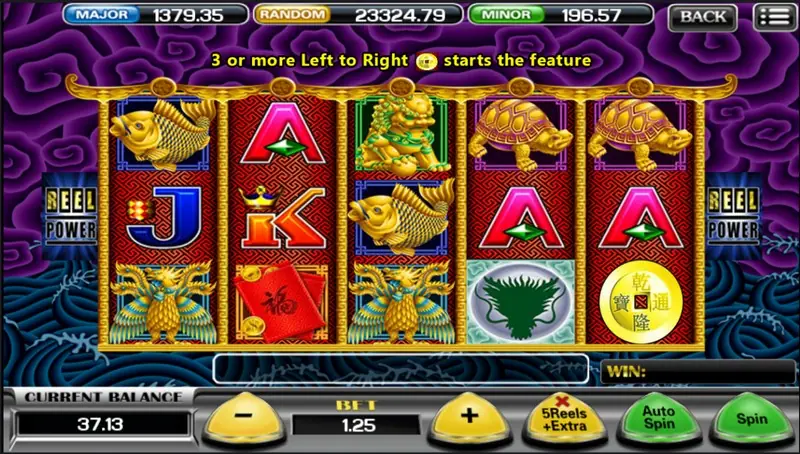 5 Dragons on ACE333 with gold carp, a gold lion, turtles, a phoenix, a green dragon tile and a gold coin, under the line 3 or more Left to Right starts the feature