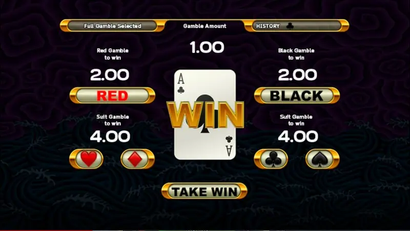 Gamble screen with a WIN banner over an ace of clubs, Red and Black paying 2.00, suits paying 4.00 and TAKE WIN below