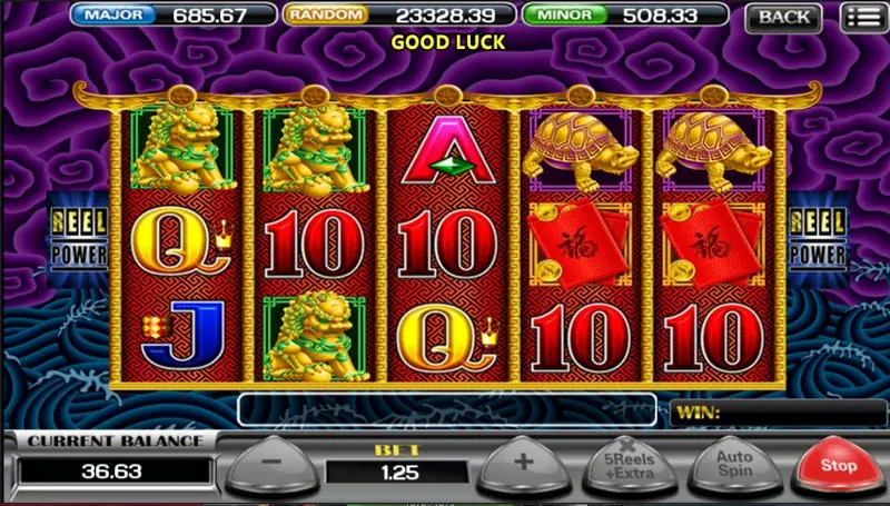 Mid-spin with gold lion statues and turtles, red envelopes and the grey buttons locked while the reels turn