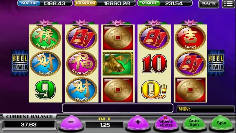 Base game spin with Lucky and Good Luck coins, red tiles and card ranks, and the purple bet buttons along the bottom