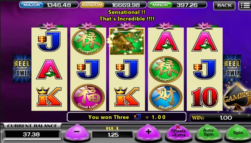 5 Koi on ACE333 with a gold koi on reel 3, Prosperity, Good Luck and Wealth coin symbols, REEL POWER panels either side and the message You won Three J = 1.00