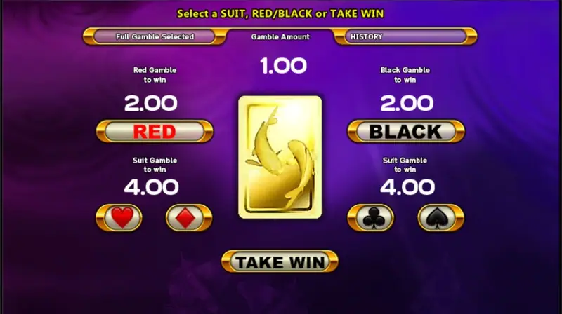 Gamble screen with Gamble Amount 1.00, Red and Black gamble to win 2.00 and suit gamble to win 4.00, a gold koi card face down and TAKE WIN