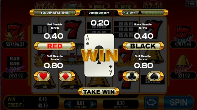 Gamble screen showing an ace of clubs with WIN across it, Red and Black gamble buttons worth 0.40 and suit buttons worth 0.80, plus TAKE WIN