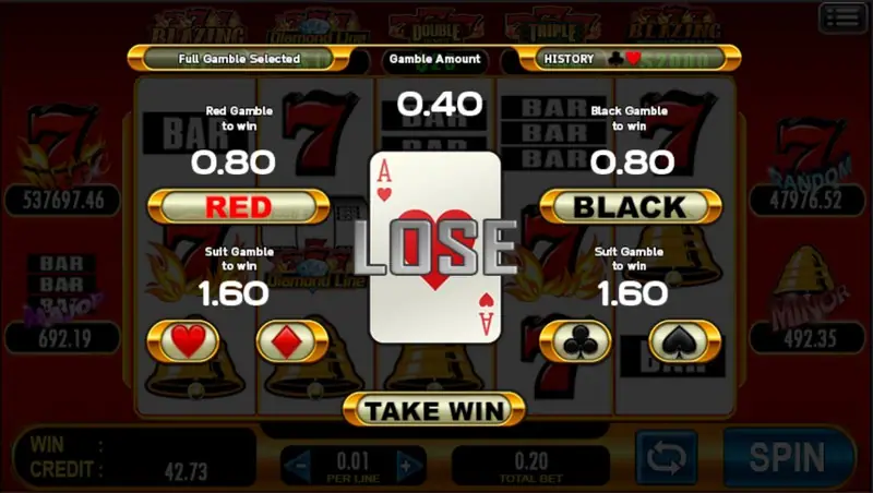 The same gamble screen showing a LOSE banner over an ace of hearts