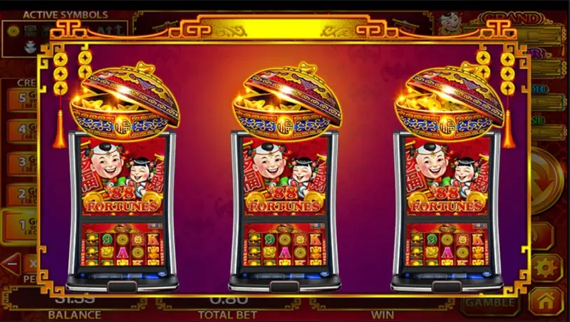 Opening screen of 88 Fortune showing three slot cabinets with cartoon children and a gold bowl on top